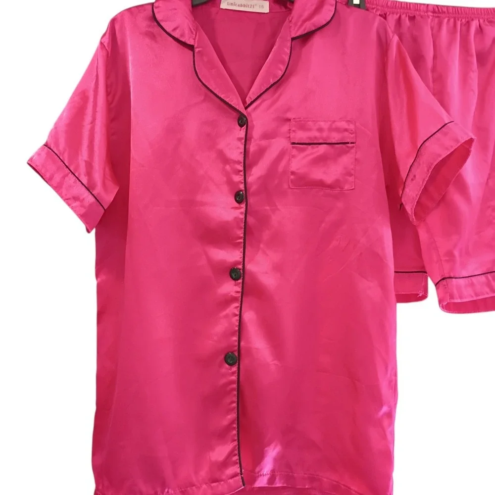 UNICABBIT21 Hot Pink Satin Pajama Set for Big Girls Cute Size 16 Youth‎ EUC